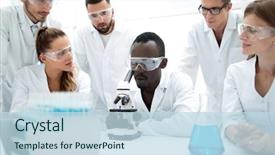  Presentation with laboratory chemical - Presentation design having microbiology - group of young scientists working background and a sky blue colored foreground