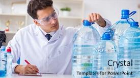  Presentation with water microbiology - Beautiful presentation theme featuring microbiology - lab assistant testing water quality backdrop and a light blue colored foreground
