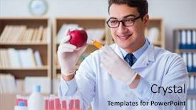 Presentation with organic - Theme enhanced with microbiology - scientist working on organic fruits background and a light blue colored foreground