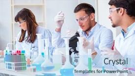  Presentation with lab - Theme enhanced with microbiology - team of chemists working background and a light blue colored foreground