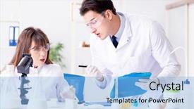  Presentation with testing - Beautiful slide deck featuring microbiology - two lab doctor testing food backdrop and a light blue colored foreground