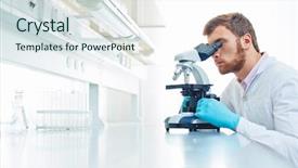  Presentation with substance - Theme enhanced with microbiology - young scientist investigating microbiological substance background and a sky blue colored foreground