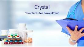  Presentation with antibiotics - PPT theme featuring microbiology antibiotics - hands of medical doctor background and a sky blue colored foreground