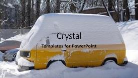  Presentation with snow covered trees and falling - Presentation theme consisting of microbus - snow-covered yellow bus background and a  colored foreground
