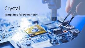  Presentation with cpu - Slides featuring microchip installation on cpu board background and a light blue colored foreground