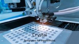  Presentation with factory machine - Audience pleasing PPT theme consisting of horizontal vertical lines - robot machine working in factory backdrop and a  colored foreground