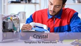 Presentation with man power service - Audience pleasing presentation theme consisting of microelectronics - man repairman repairing iron backdrop and a light blue colored foreground