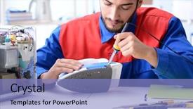  Presentation with man power service - Slides enhanced with microelectronics - man repairman repairing iron background and a light blue colored foreground