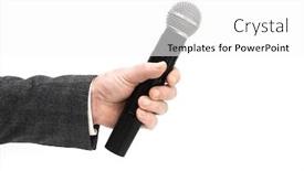  Presentation with microphone - Slides enhanced with microphone-in-male-hand-isolated background and a white colored foreground