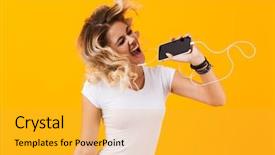  Presentation with happy image - Cool new PPT theme with microphone isolated over yellow backdrop and a gold colored foreground