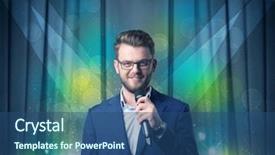  Presentation with behind curtain - Slide set enhanced with businessman speaking into microphone with blue curtain behind him background and a ocean colored foreground