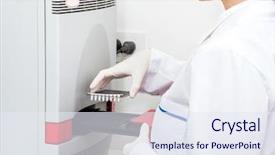  Presentation with microplate - Amazing PPT theme having microplate - midsection of female researcher loading backdrop and a sky blue colored foreground