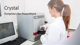  Presentation with microplate - PPT theme enhanced with microplate - side view of female technician background and a light gray colored foreground