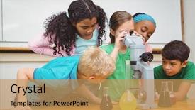  Presentation with beakers - Presentation design enhanced with microscope at the elementary school background and a coral colored foreground