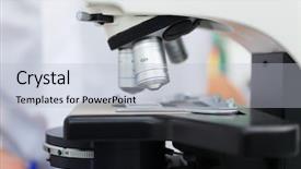  Presentation with laboratory chemical - Beautiful slide deck featuring medical biochimie - detail of a microscope backdrop and a light blue colored foreground