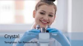  Presentation with female college student for health check up - Cool new presentation theme with microscope while doing some research backdrop and a light blue colored foreground