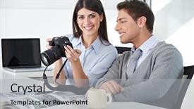  Presentation with camera - Colorful presentation enhanced with microstock - photographer with assistant holding camera backdrop and a light gray colored foreground