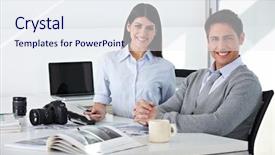  Presentation with team - Beautiful PPT theme featuring microstock - team in image editing department backdrop and a sky blue colored foreground