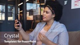  Presentation with wireless communication - Theme enhanced with mid-adult-biracial-businesswoman-talking background and a violet colored foreground