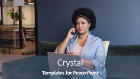  Presentation with wireless communication - Theme consisting of mid-adult-biracial-businesswoman-talking background and a ocean colored foreground
