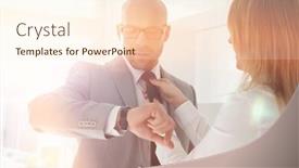  Presentation with tie - Audience pleasing PPT theme consisting of mid-adult-businessman-checking-wristwatch backdrop and a cream colored foreground