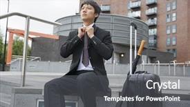  Presentation with luggage - Beautiful PPT theme featuring mid adult businessman with luggage adjusting necktie against buildings backdrop and a dark gray colored foreground