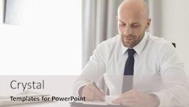  Presentation with home office - Presentation design consisting of mid adult businessman writing on clipboard in home office background and a light gray colored foreground