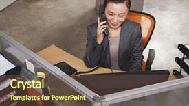  Presentation with phone - Slide set having mid adult businesswoman on the phone in the office background and a tawny brown colored foreground