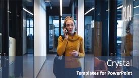  Presentation with wireless communication - Theme enhanced with mid-adult-caucasian-businesswoman-talking background and a ocean colored foreground