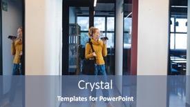  Presentation with wireless communication - Slide deck featuring mid-adult-caucasian-businesswoman-talking background and a ocean colored foreground