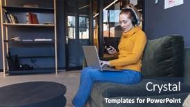  Presentation with wireless communication - Presentation theme having mid-adult-caucasian-businesswoman-using background and a ocean colored foreground