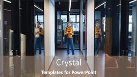  Presentation with wireless communication - Slide deck consisting of mid-adult-caucasian-businesswoman-using background and a gray colored foreground