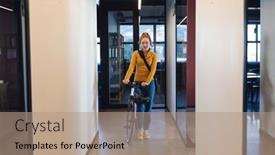  Presentation with bicycle - Presentation theme featuring mid-adult-caucasian-businesswoman background and a coral colored foreground