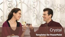  Presentation with restaurant toasting - Presentation enhanced with mid adult caucasian couple smiling and toasting wine glasses in restaurant background and a tawny brown colored foreground