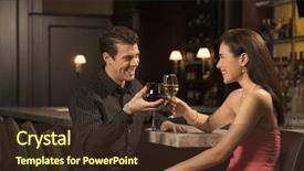  Presentation with toasting - Slide deck enhanced with mid adult caucasian couple at bar toasting wine glasses and smiling background and a tawny brown colored foreground