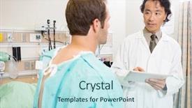  Presentation with digital hospital - Slides having mid adult doctor holding digital tablet while discussing report with patient in hospital room background and a sky blue colored foreground