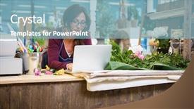  Presentation with female - Colorful presentation design enhanced with mid adult female florist using backdrop and a light blue colored foreground