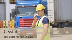  Presentation with walkie talkie - Slides consisting of mid adult man using walkie-talkie in shipping yard background and a mint green colored foreground