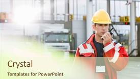  Presentation with walkie talkie - Theme with mid adult worker using walkie-talkie in shipping yard background and a cream colored foreground
