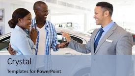  Presentation with car key - Presentation design consisting of mid age car salesman handing background and a light blue colored foreground