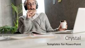  Presentation with lunch - Slides enhanced with mid-aged-woman-in-headphones background and a light gray colored foreground