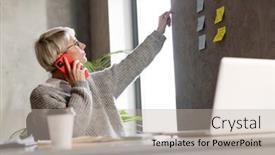  Presentation with secretary - Cool new PPT theme with mid-aged-woman-secretary-talking backdrop and a mint green colored foreground