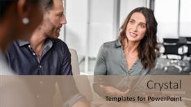  Presentation with business pitch - PPT layouts enhanced with mid-businesswoman-speaking-to-client background and a coral colored foreground