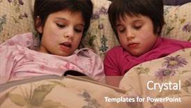  Presentation with story - Presentation featuring mid-elementary girl reading a story in bed her younger sister asleep at her side background and a coral colored foreground