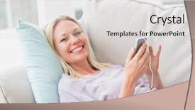  Presentation with listening woman - Audience pleasing slide deck consisting of mid life - portrait of happy woman listening backdrop and a  colored foreground