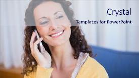  Presentation with conference phone calls - Beautiful PPT theme featuring mid life - pretty brunette calling with her backdrop and a  colored foreground