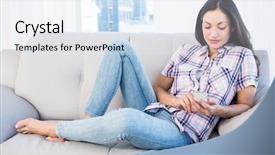  Presentation with couch potato - Colorful slide deck enhanced with mid life - pretty brunette lying on couch backdrop and a  colored foreground