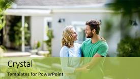  Presentation with house - Audience pleasing presentation consisting of mid life - smiling couple embracing against house backdrop and a yellow colored foreground