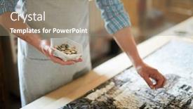  Presentation with craftsman - PPT theme with mid section close up of unrecognizable craftsman laying out tiles while creating mosaic in workshop copy space background and a coral colored foreground