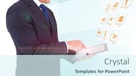  Presentation with skyscraper - Colorful PPT theme enhanced with mid section of a businessman with arms out against skyscraper backdrop and a sky blue colored foreground